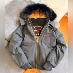 Moose Knuckles Charcoal Puffer Jacket with Black Fur Hood